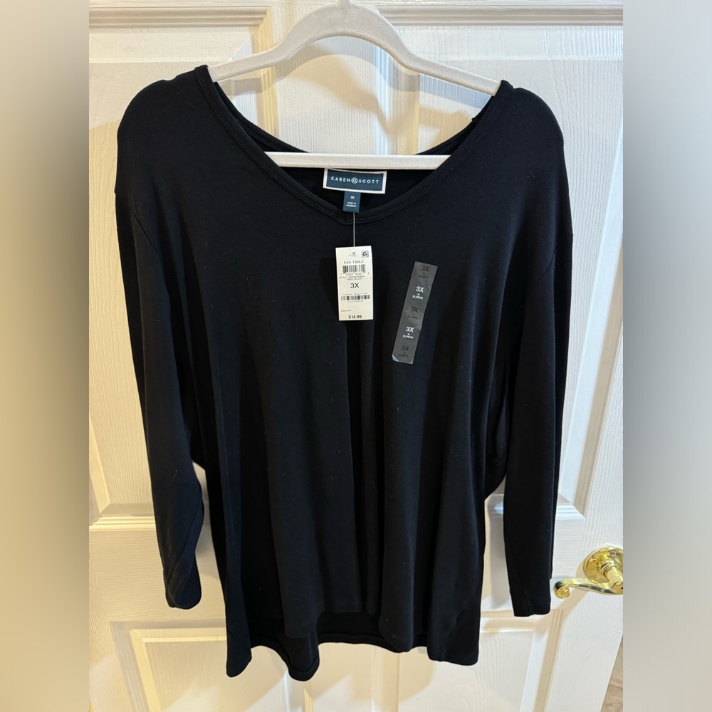 NWT Black Karen Scott Womens Plus V Neck Long Sleeve Pullover Top Size 3X